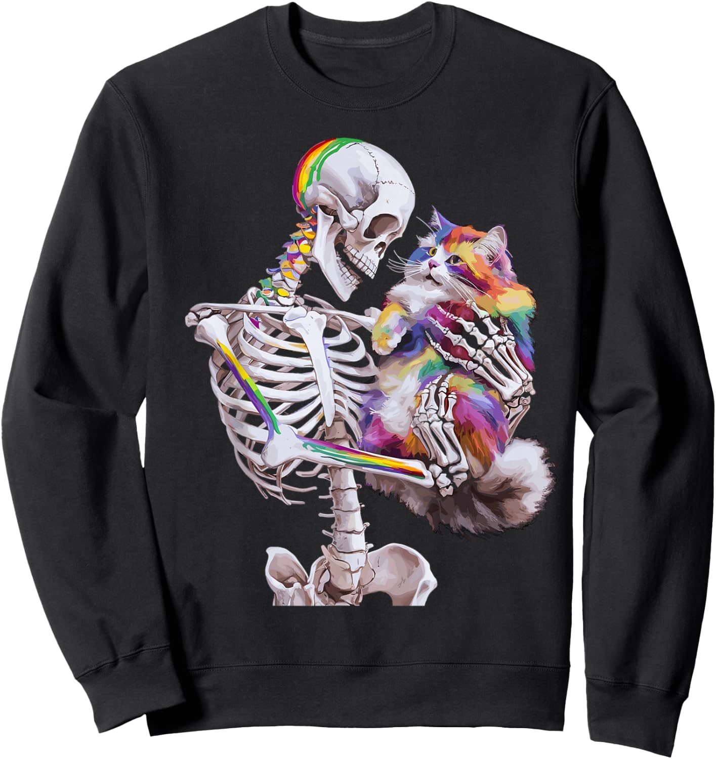 Colorful Paint Splash Cat And Skeleton Art Graphic Sweatshirt - Sweatshirt | Black