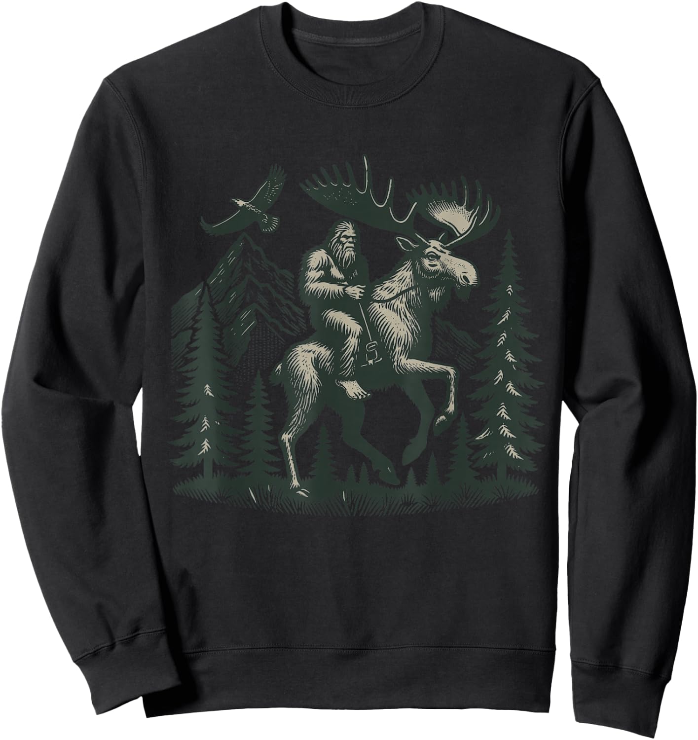 Explore Outdoors Sasquatch Creature Riding a Majestic Moose Bigfoot Adventure - -Adult, Grey, Small, Short Sleeve Sweatshirt - Sweatshirt | Black