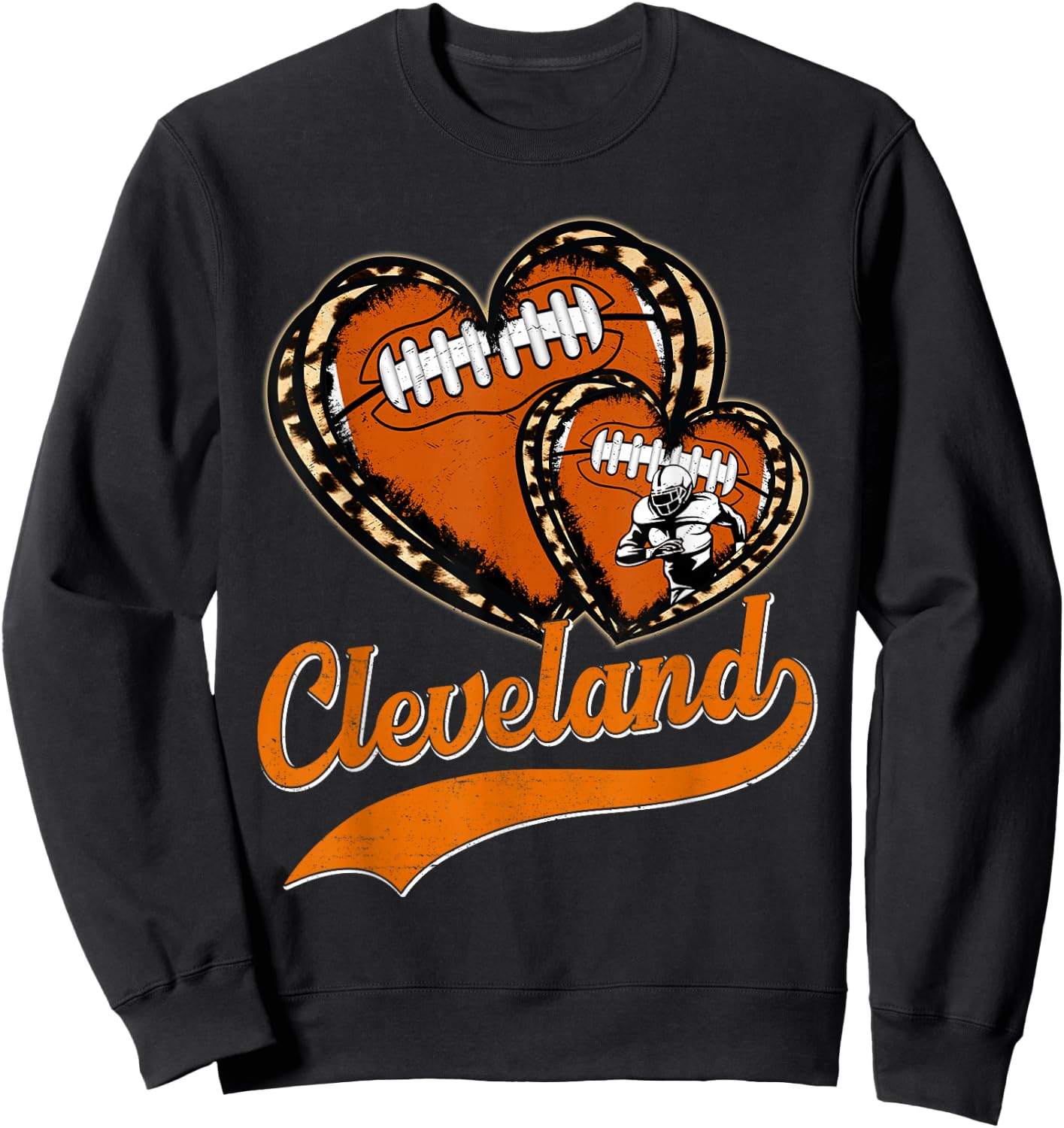 Vintage Leopard Heart Cleveland Football Player Sport Fans Sweatshirt - Sweatshirt | Black