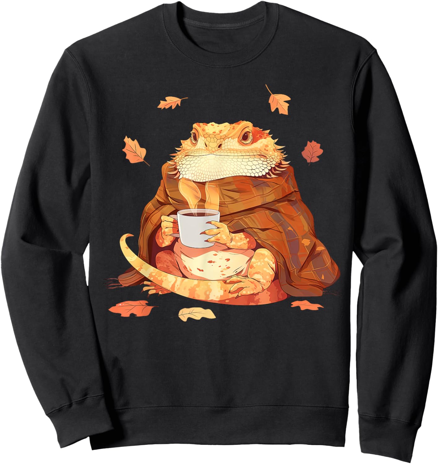 Cute Bearded Dragon In Blanket Drink Coffee Pumpkin Fall Sweatshirt - Sweatshirt | Black