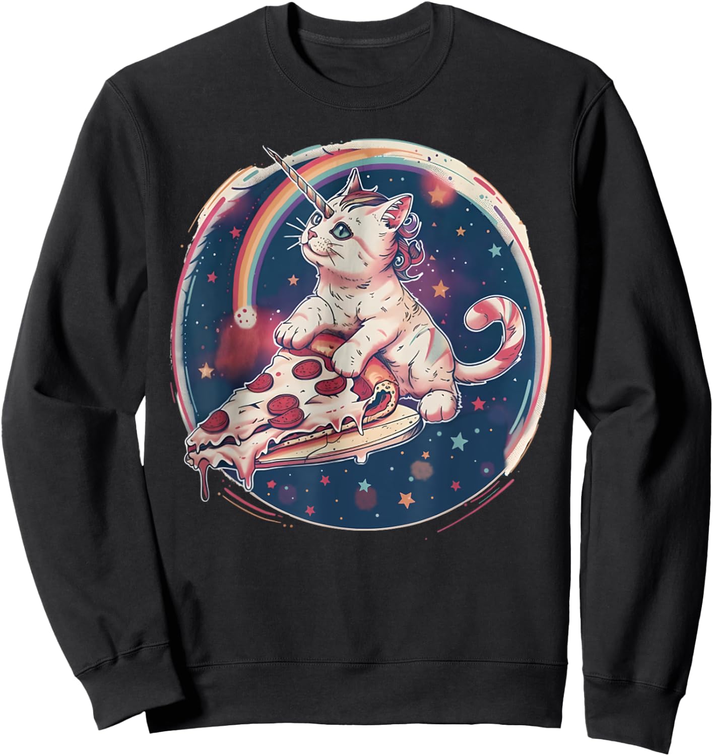 Funny Uni-Cat Flying A Pizza Unicorn Kitten Space Cats Lover Men Women Kids Sweatshirt - Sweatshirt | Black