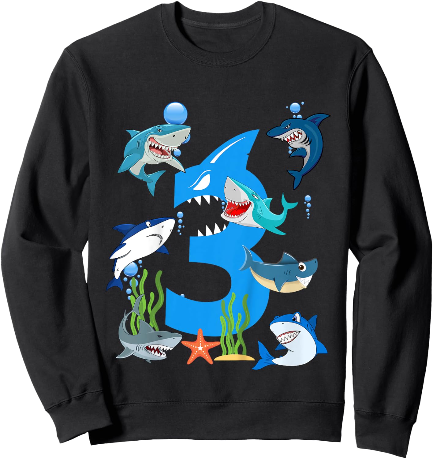 Kids 3 Years Old Shark Ocean-Theme Party 3rd Birthday Boy Sweatshirt - Sweatshirt | Black