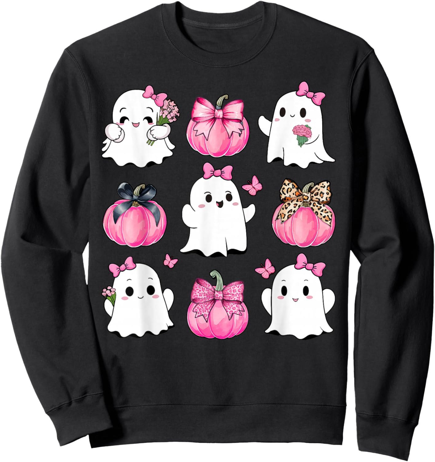 Cute Ghost Florals Pink Coquette Bows Pumpkins Halloween Sweatshirt - Sweatshirt | Black