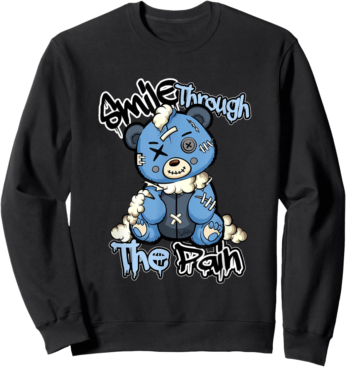 Blue Sad Teddy Bear , Lofi Streetwear Aesthetic Bear Sweatshirt - Sweatshirt | Black