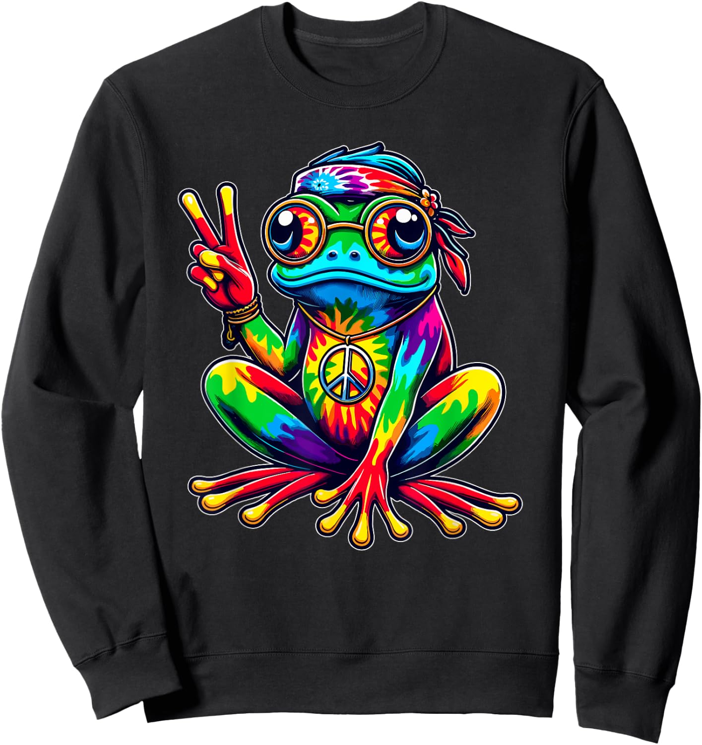 Hippie Tie-Dye Frog, 60s Party & 70s Costume, Peace Sign Sweatshirt - Sweatshirt | Black