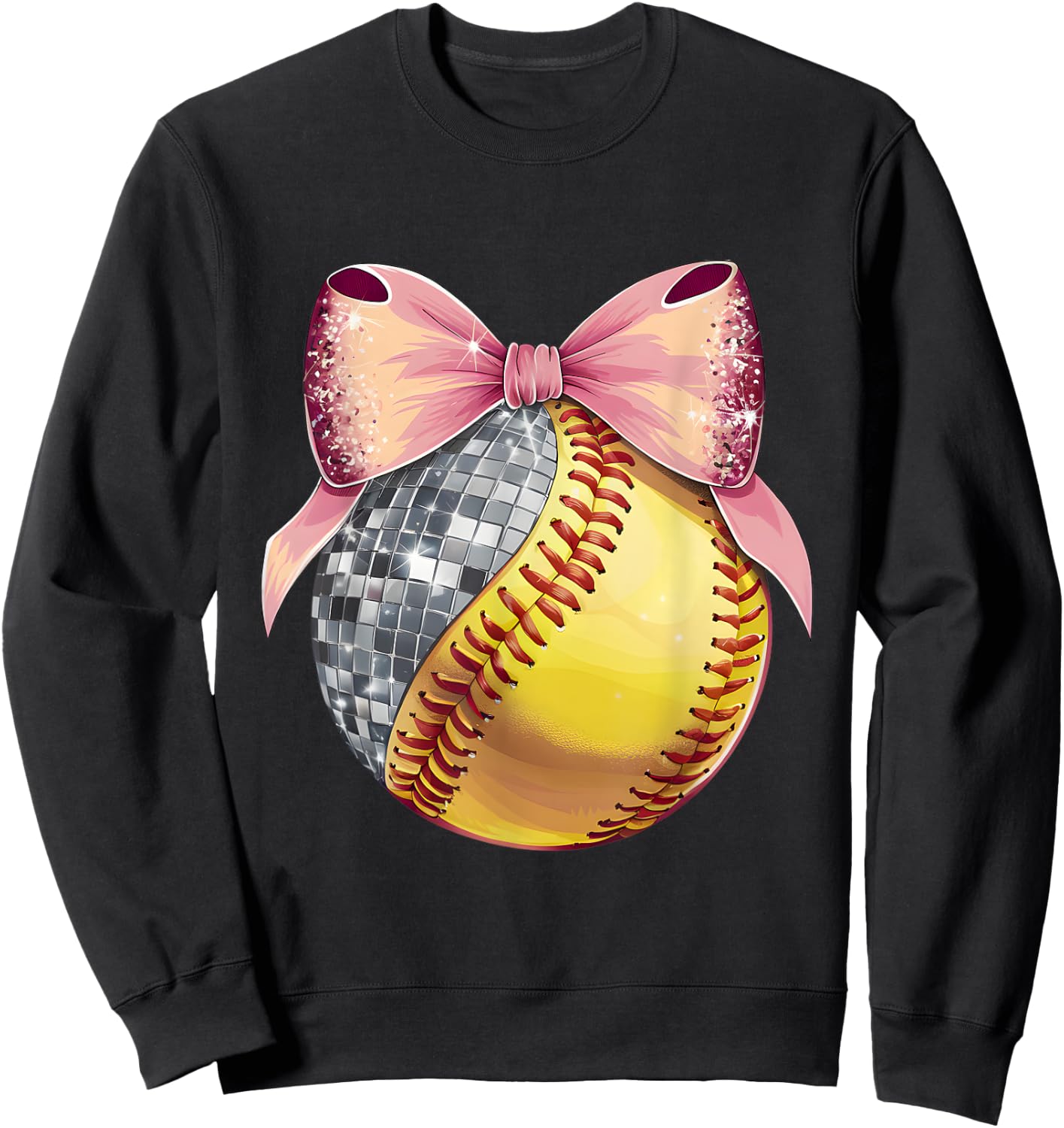 Cute Coquette Bow Disco Ball Softball Player Game Day Mom Sweatshirt - Sweatshirt | Black