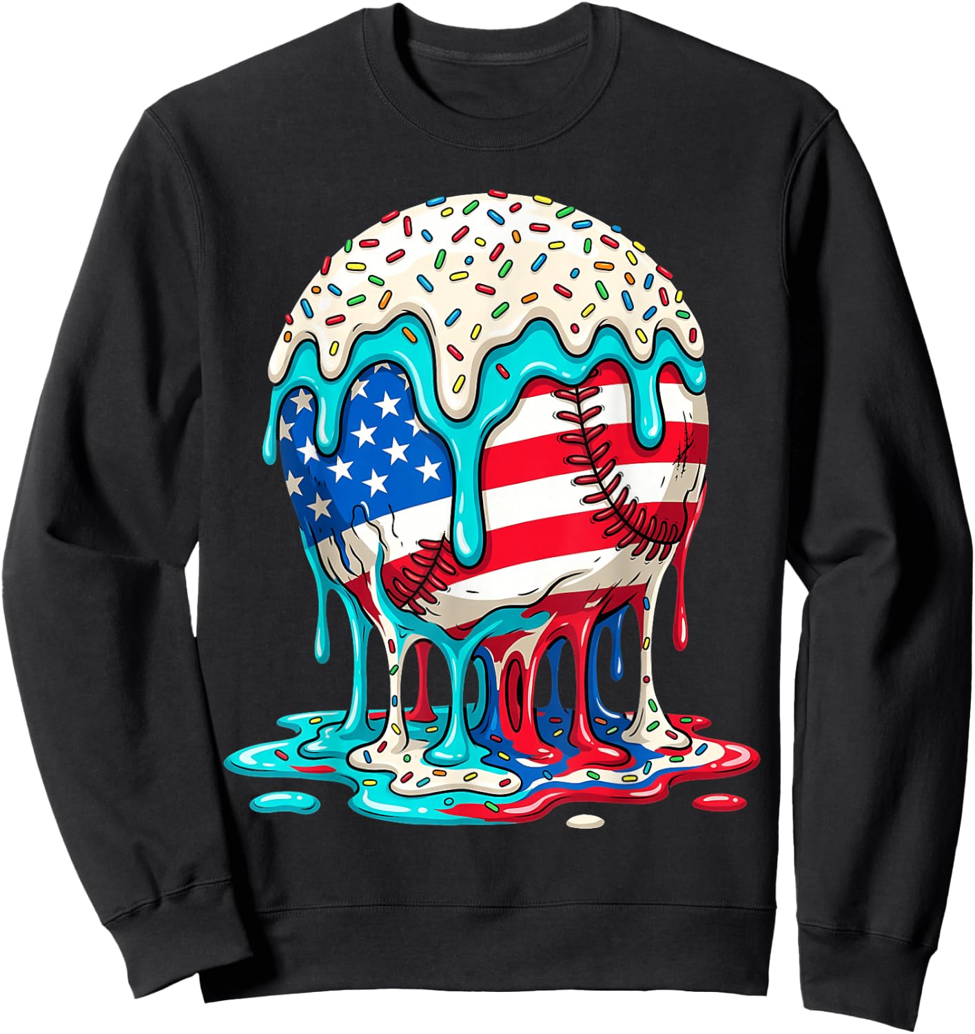 Baseball Drip Ice Cream Dripping 4th of July American Flag Sweatshirt - Sweatshirt | Black