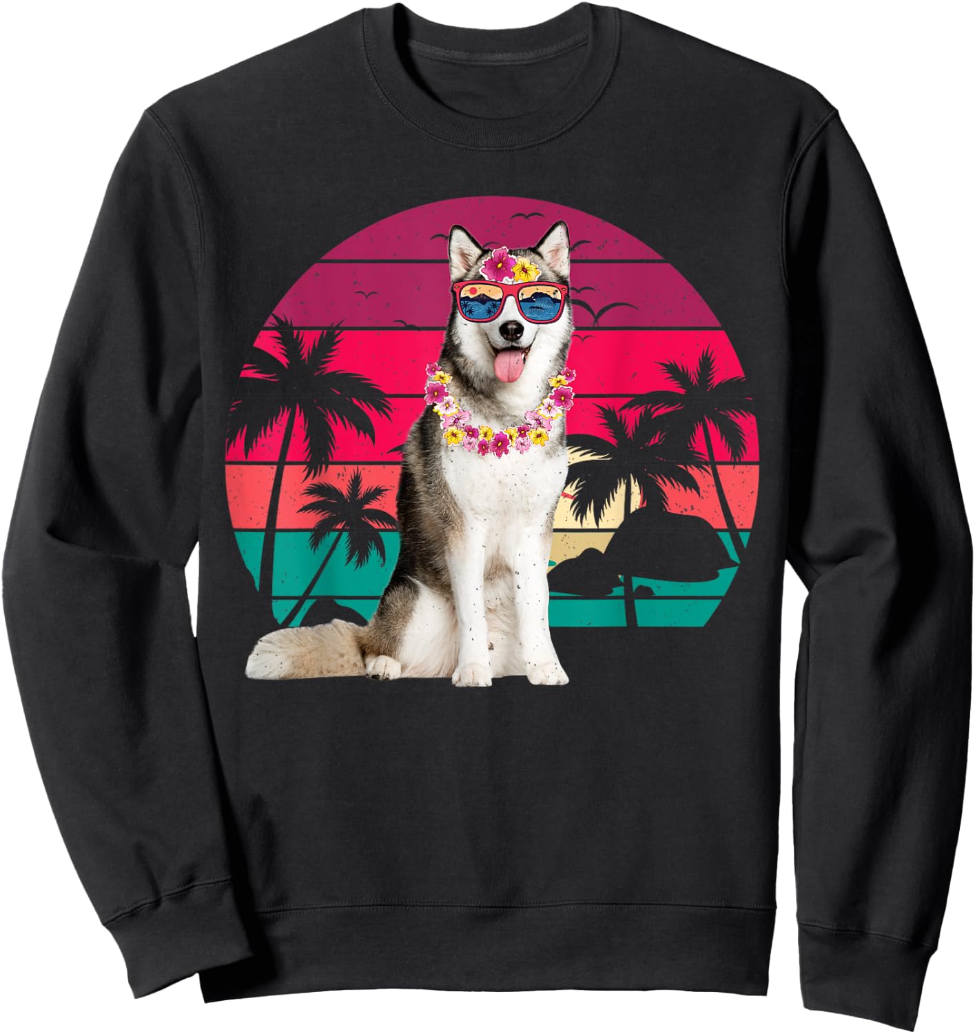 Retro Hawaiian Husky Dog Tropical Palm Trees Summer Vibes Women Kids Sweatshirt - Sweatshirt | Black