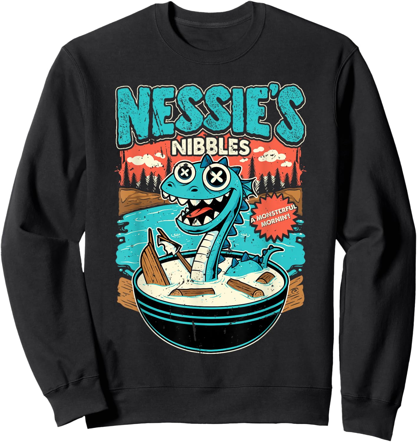 Nessie’s Nibbles Cereal Design Loch Ness Monster Parody Sweatshirt - Sweatshirt | Black