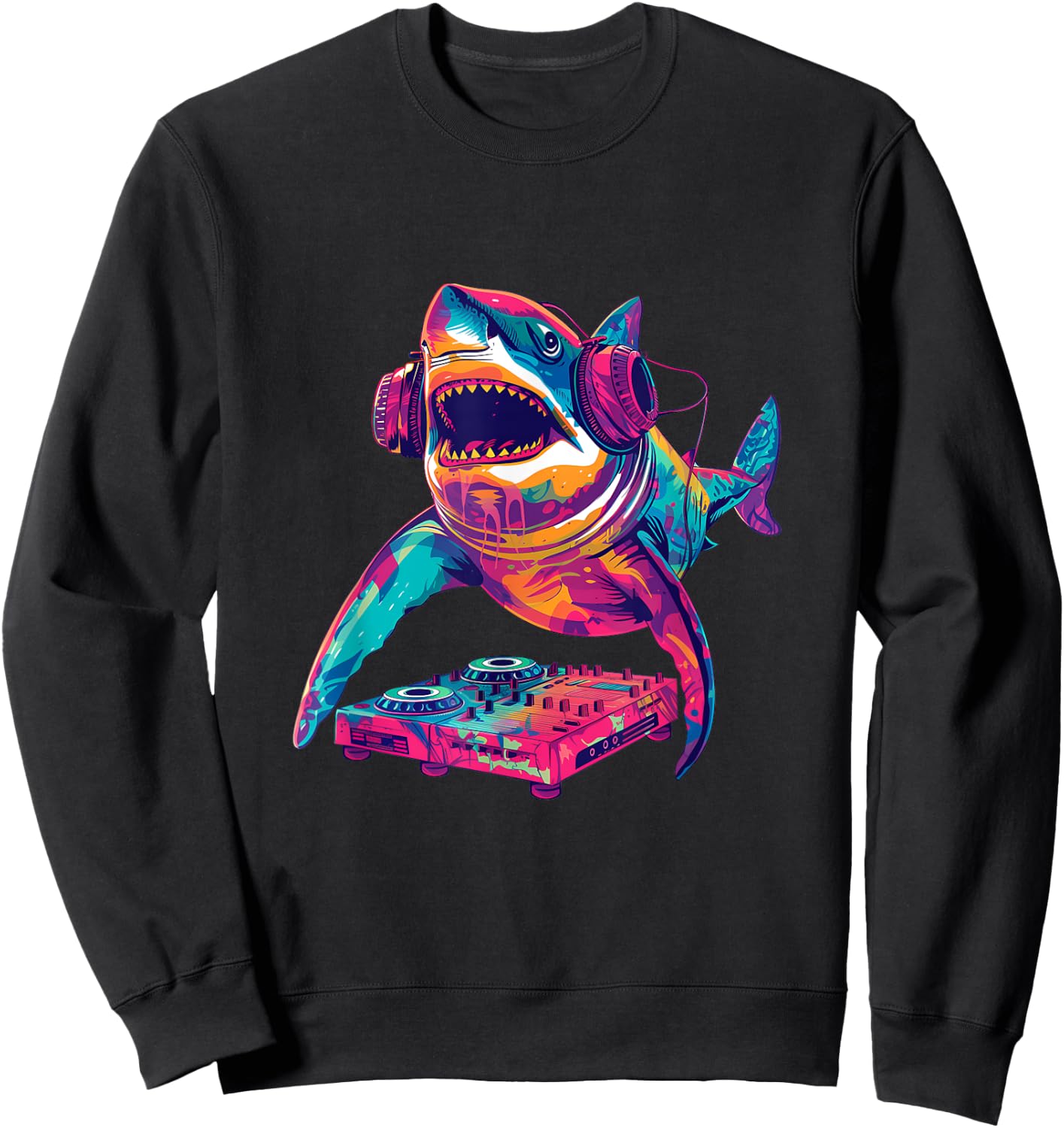 Party Shark Disco DJ with headphones turntable artwork Sweatshirt - Sweatshirt | Black