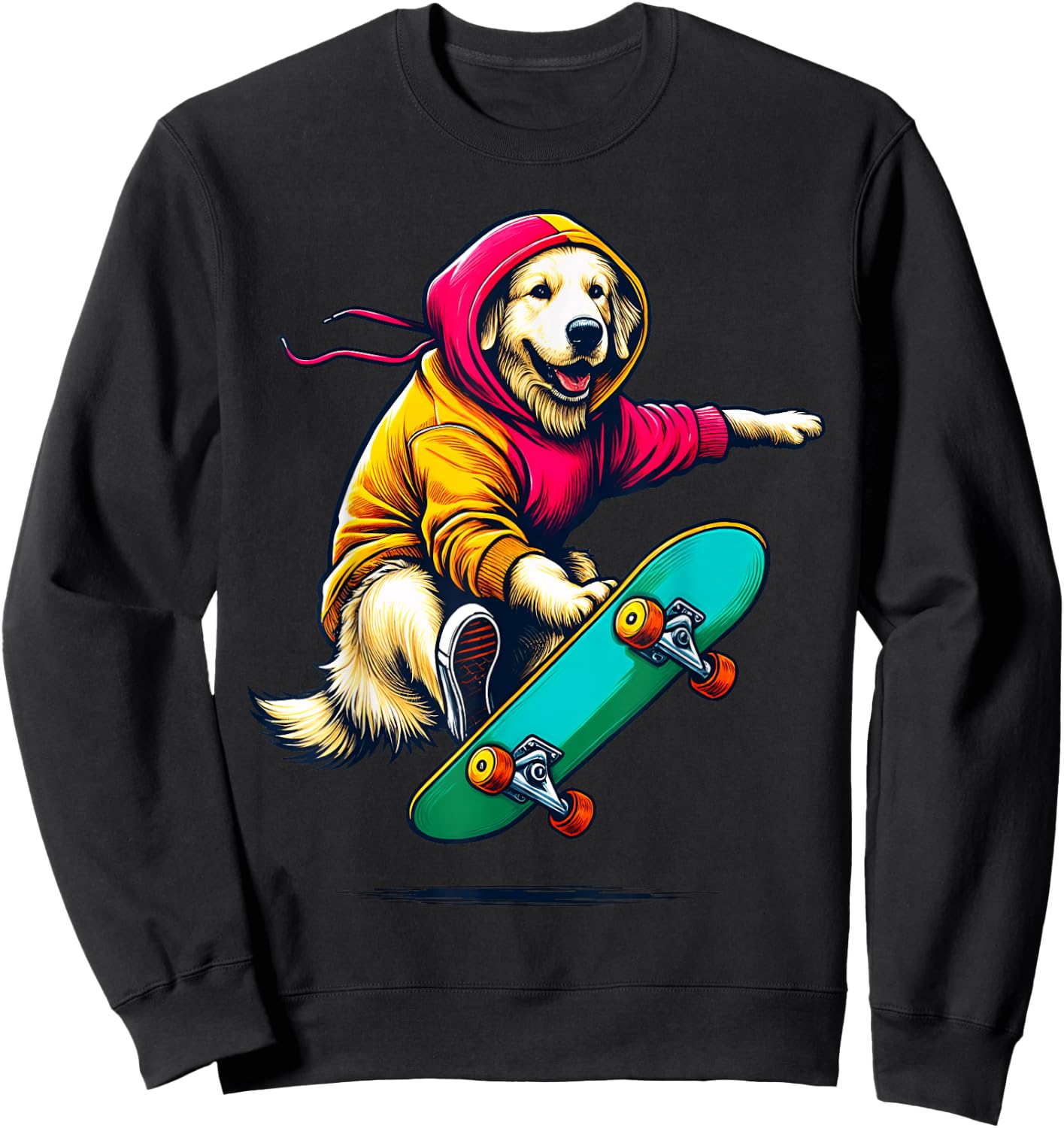 Cool Golden Retriever Dog Skateboarding Illustration Art Sweatshirt - Sweatshirt | Black