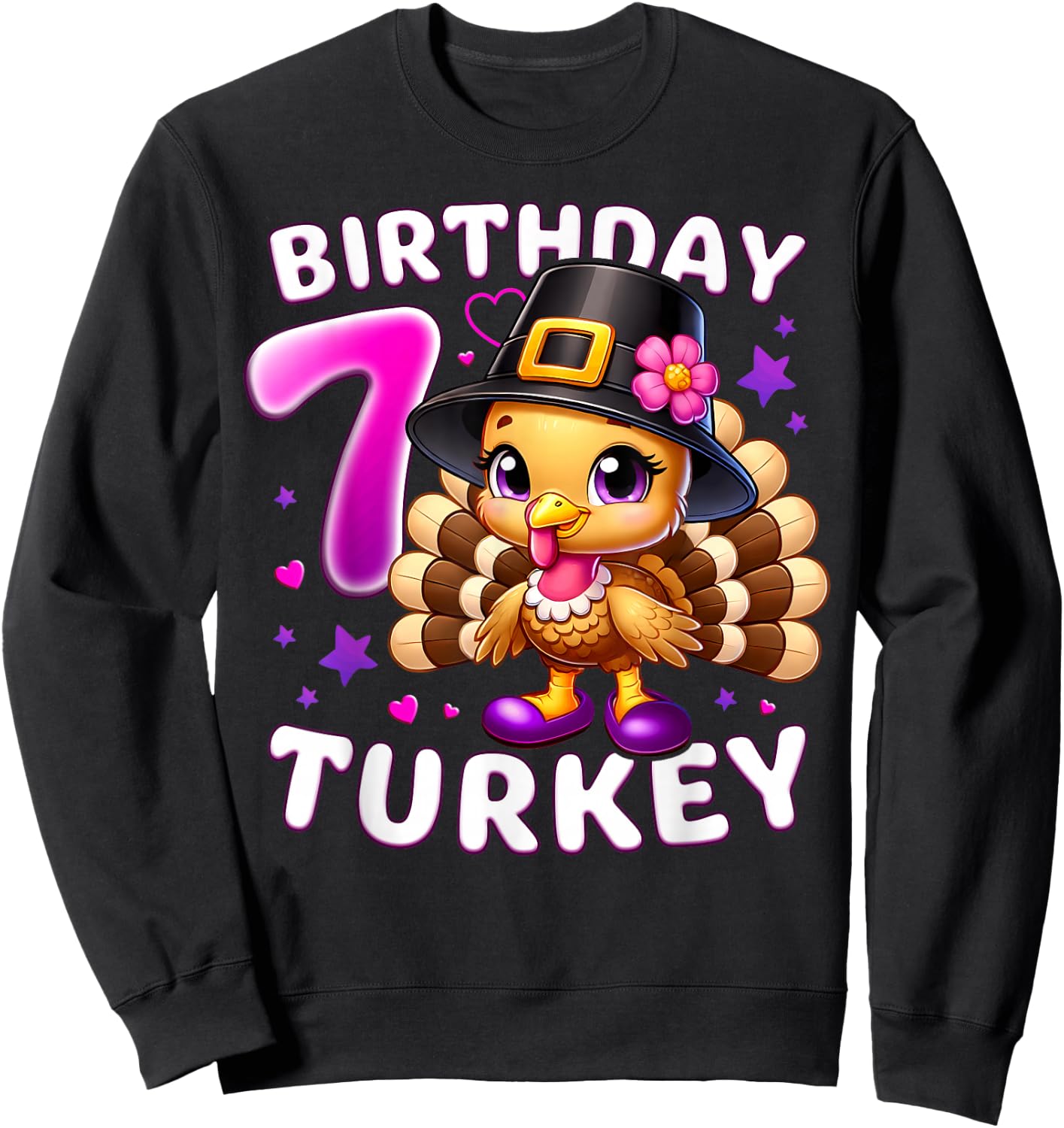 Girls 7th Birthday Thanksgiving Turkey Sweatshirt - Sweatshirt | Black