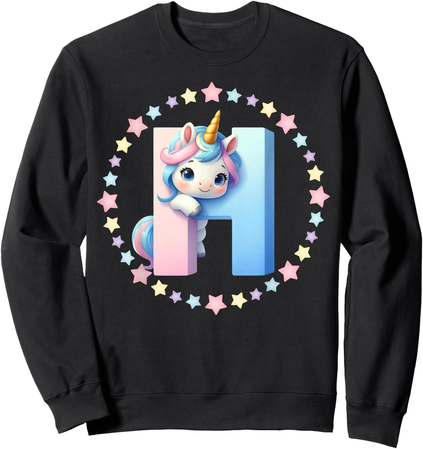 Unicorn Letter H Initial Rainbow Monogram Women Girls Kids Sweatshirt - Sweatshirt | Black