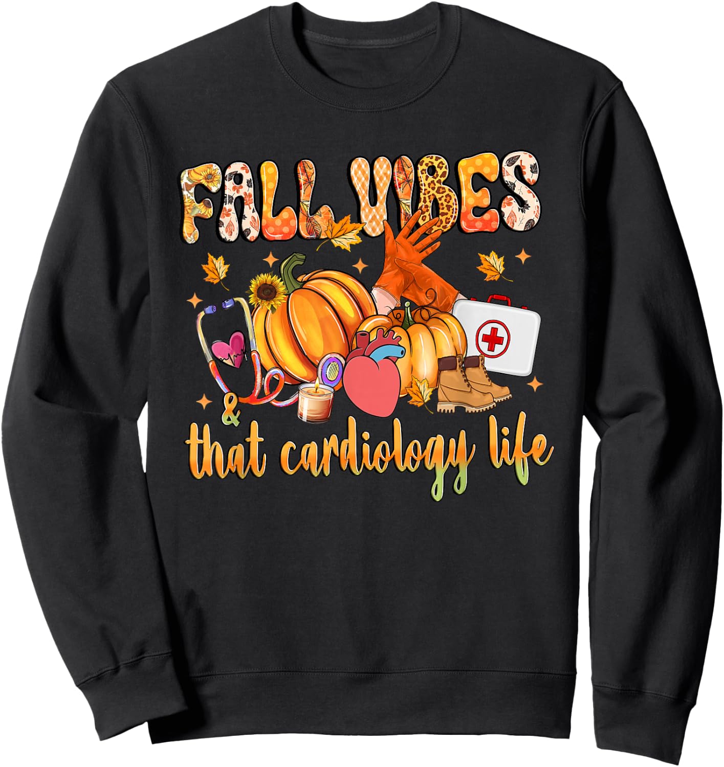 Fall Vibes & That Cardiology Life Pumpkin Leopard Gifts Sweatshirt - Sweatshirt | Black