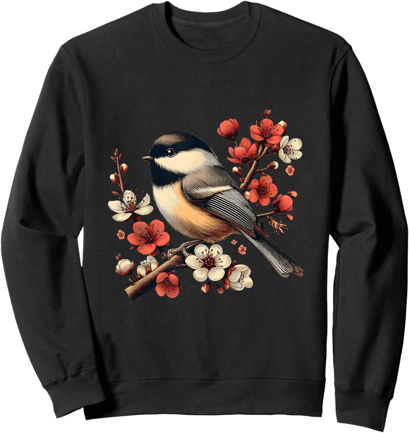 Bird Watching Nature Animal Vintage Blossom Chickadee Sweatshirt - Sweatshirt | Black