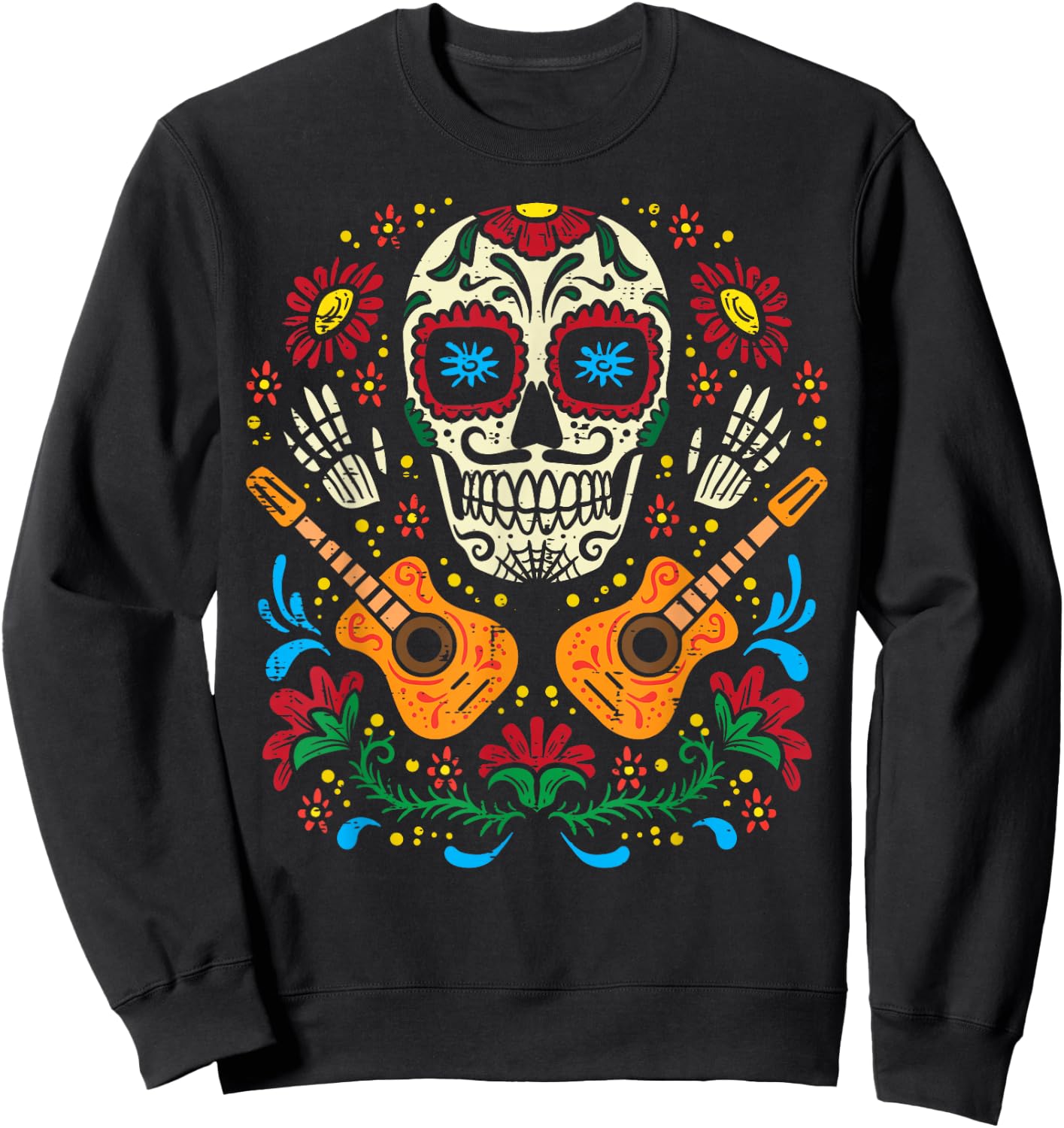 Sugar Skull Flowers Guitar Dia De Muertos Mexican Halloween Sweatshirt - Sweatshirt | Black