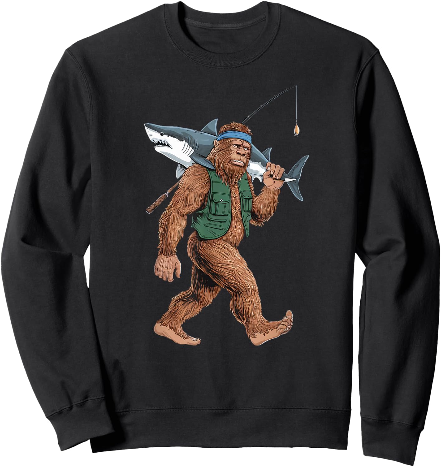 Bigfoot Fisherman Shirt - Funny Sasquatch With Shark Sweatshirt - Sweatshirt | Black