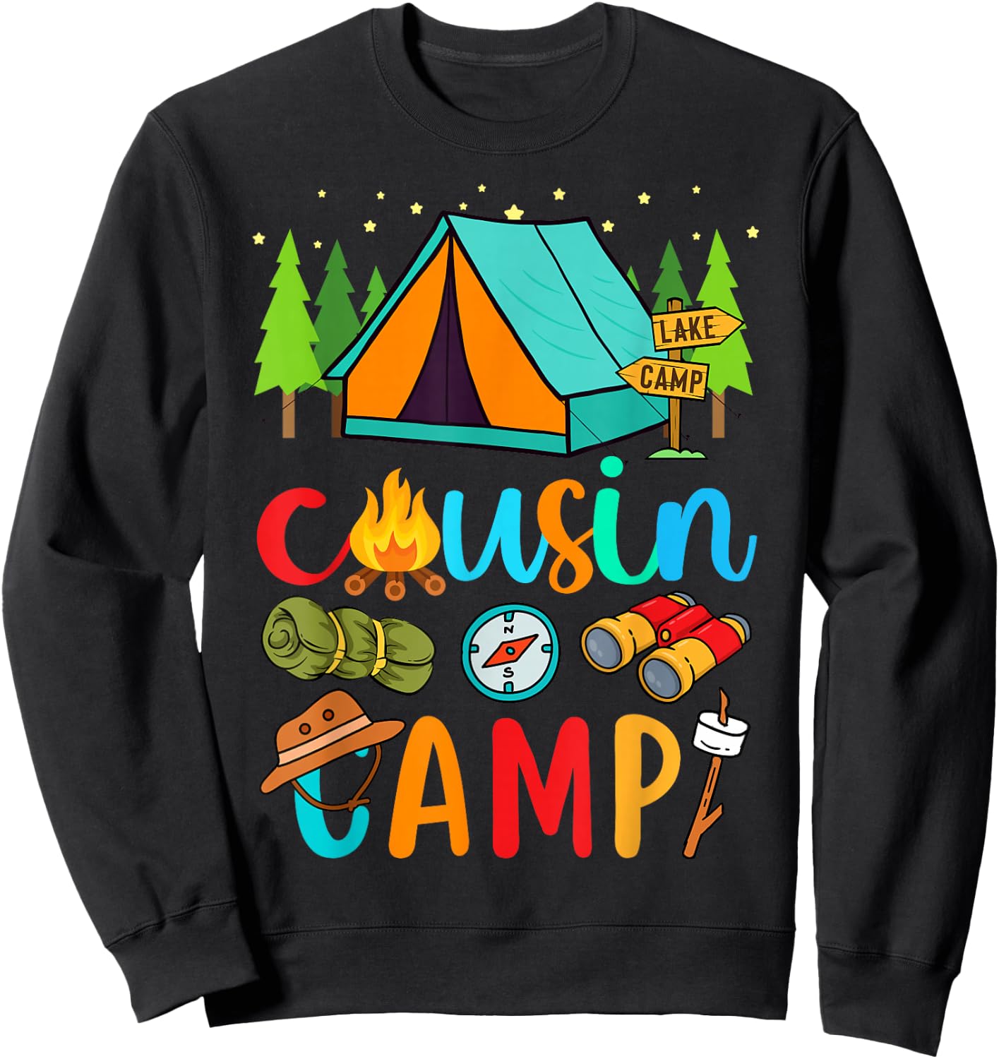 Funny Cousin Camp 2025 Family Vacation Summer Camping Crew Sweatshirt - Sweatshirt | Black