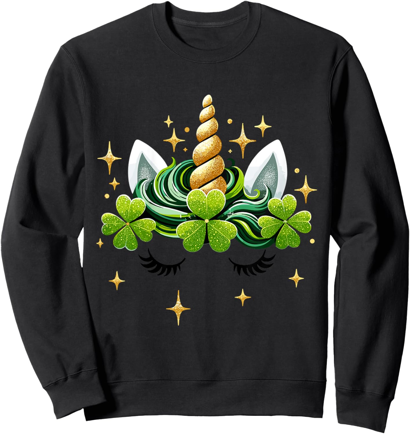 Kids Unicorn Face Shamrock St Patrick's Day Girl Sweatshirt - Sweatshirt | Black