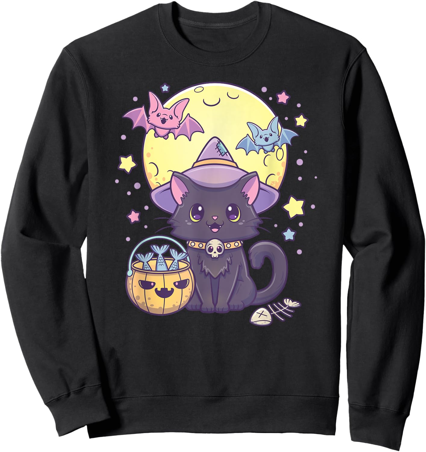 Kawaii Pastel Goth Cute Creepy Halloween Black Cat Witch Hat Men Women Kids Sweatshirt - Sweatshirt | Black
