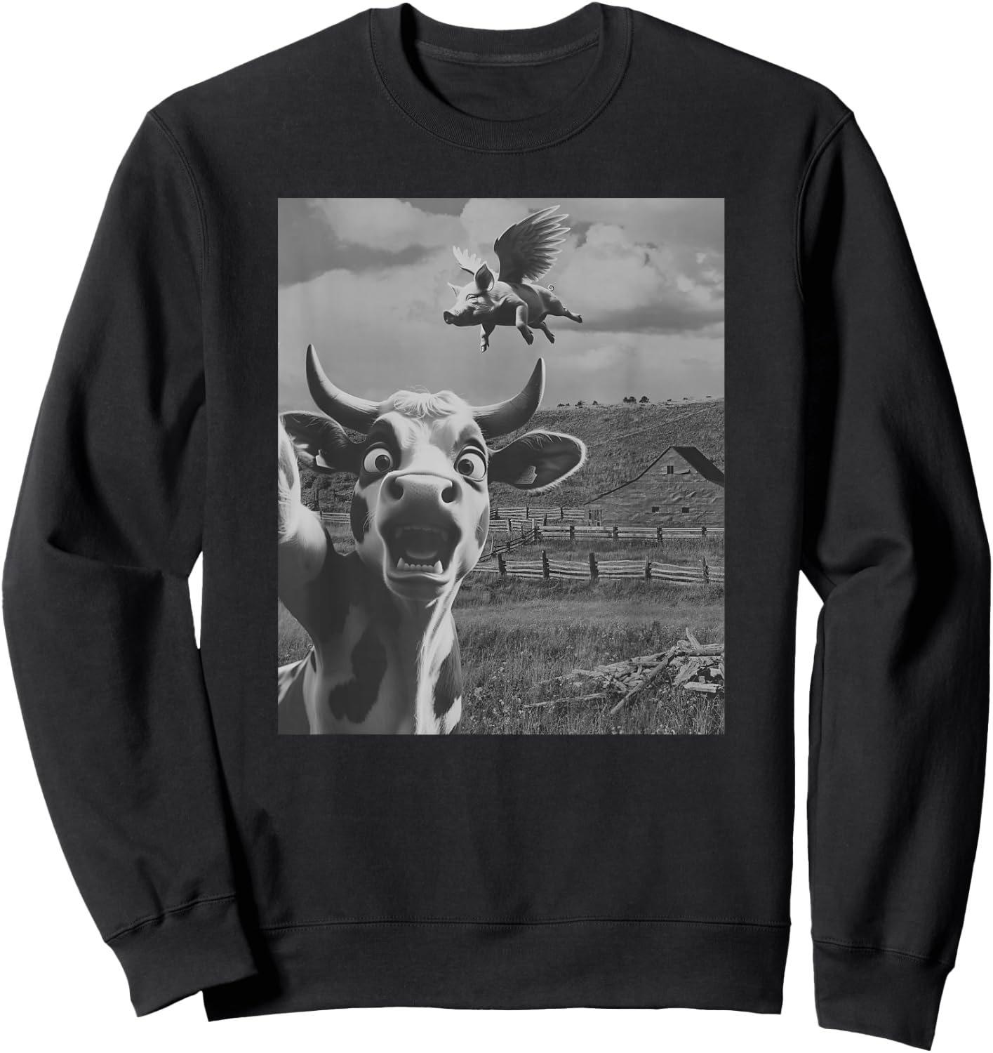 Cow Selfie With Flying Pigs Fly Funny Gift Women Kid Sweatshirt - Sweatshirt | Black