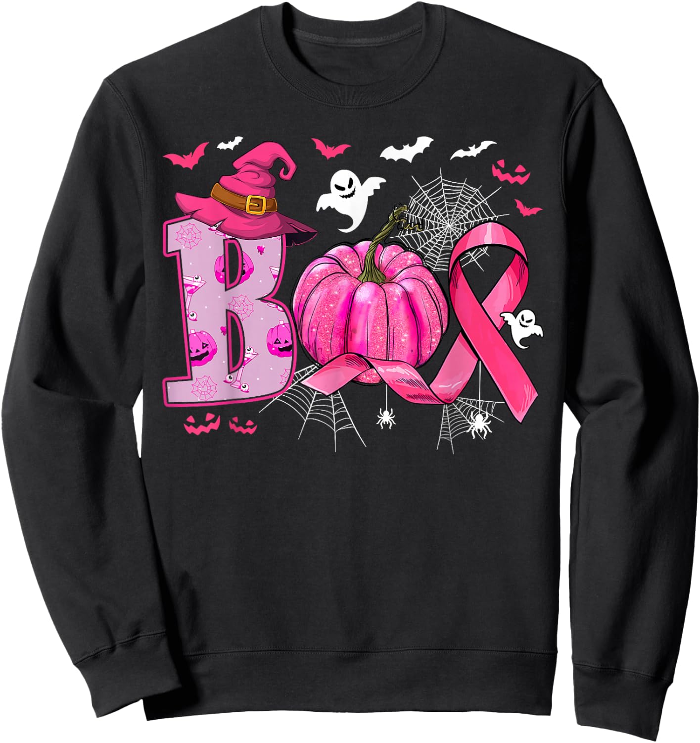 Breast Cancer Awareness Boo Ghost Halloween Women Kids Sweatshirt - Sweatshirt | Black