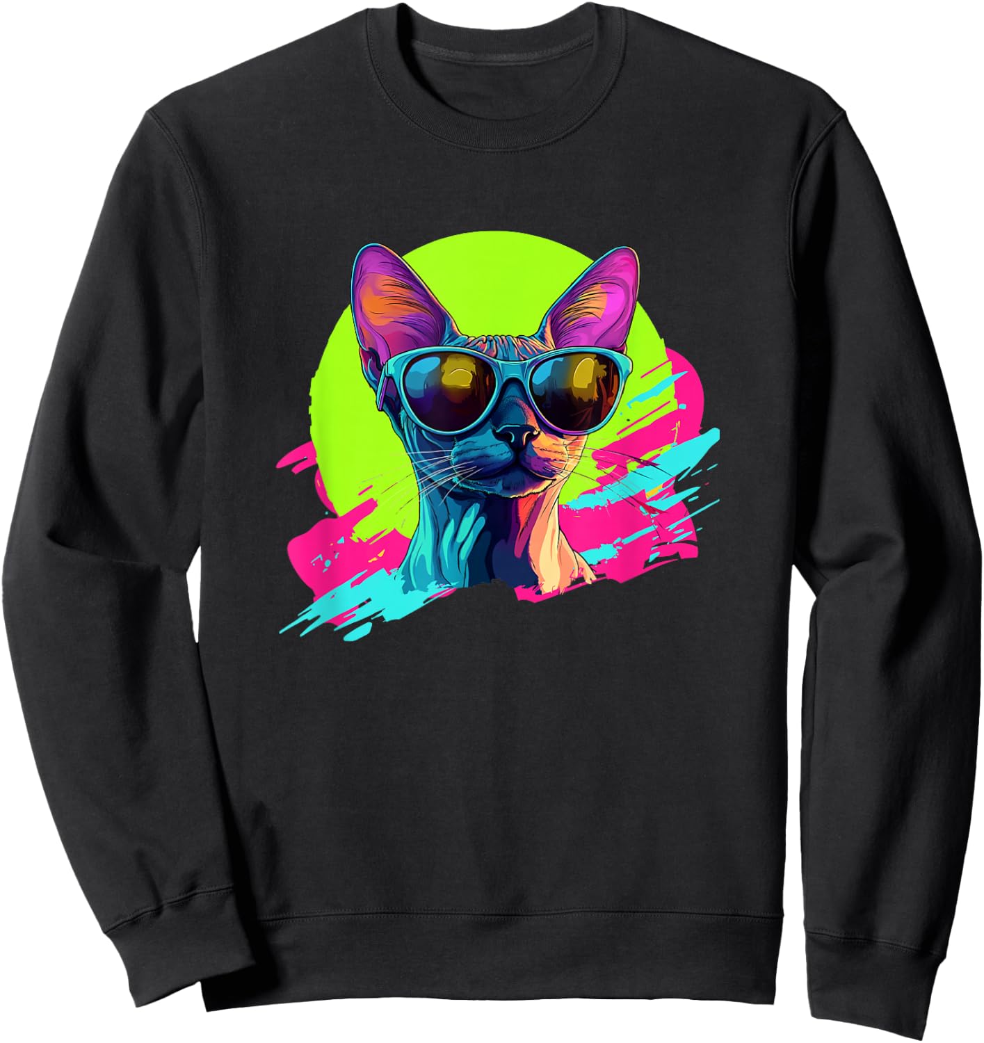 Funny Retro Vintage 80s Sunglasses Hairless Sphinx Cat Lover Sweatshirt - Sweatshirt | Black