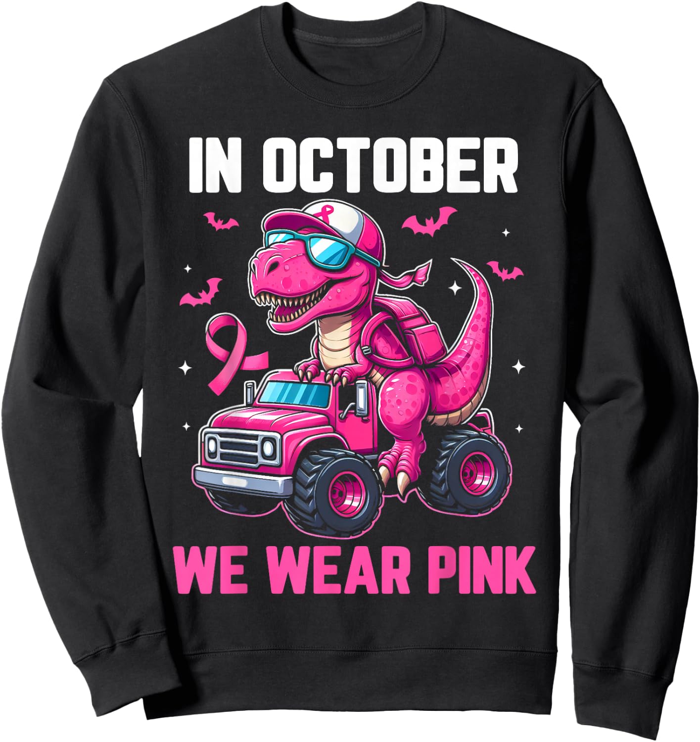 In October We Wear Pink Dino Trex Boys Toddler Breast Cancer Sweatshirt - Sweatshirt | Black