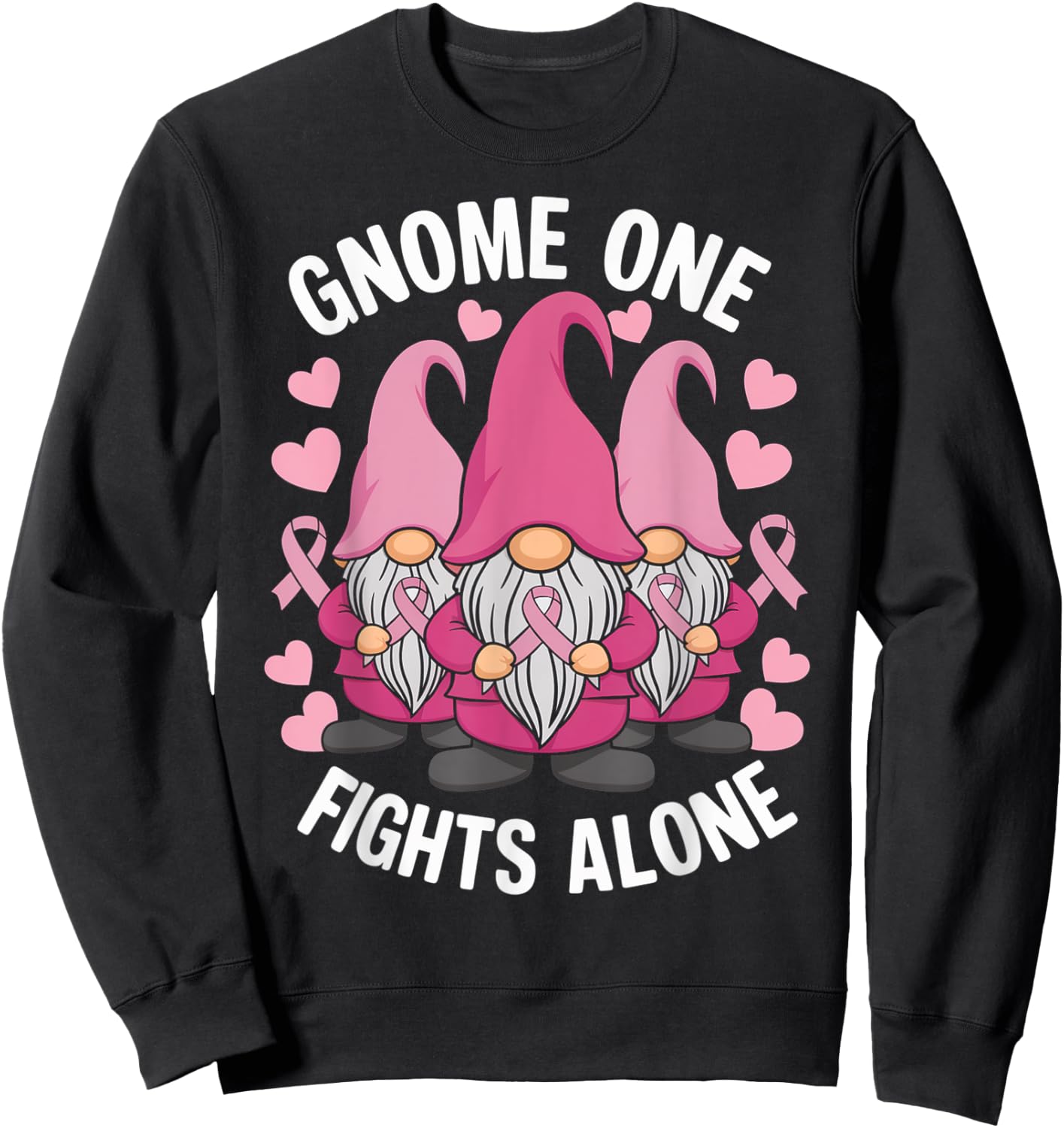Gnome One Fights Alone Breast Cancer Awareness Pink Ribbon Sweatshirt - Sweatshirt | Black