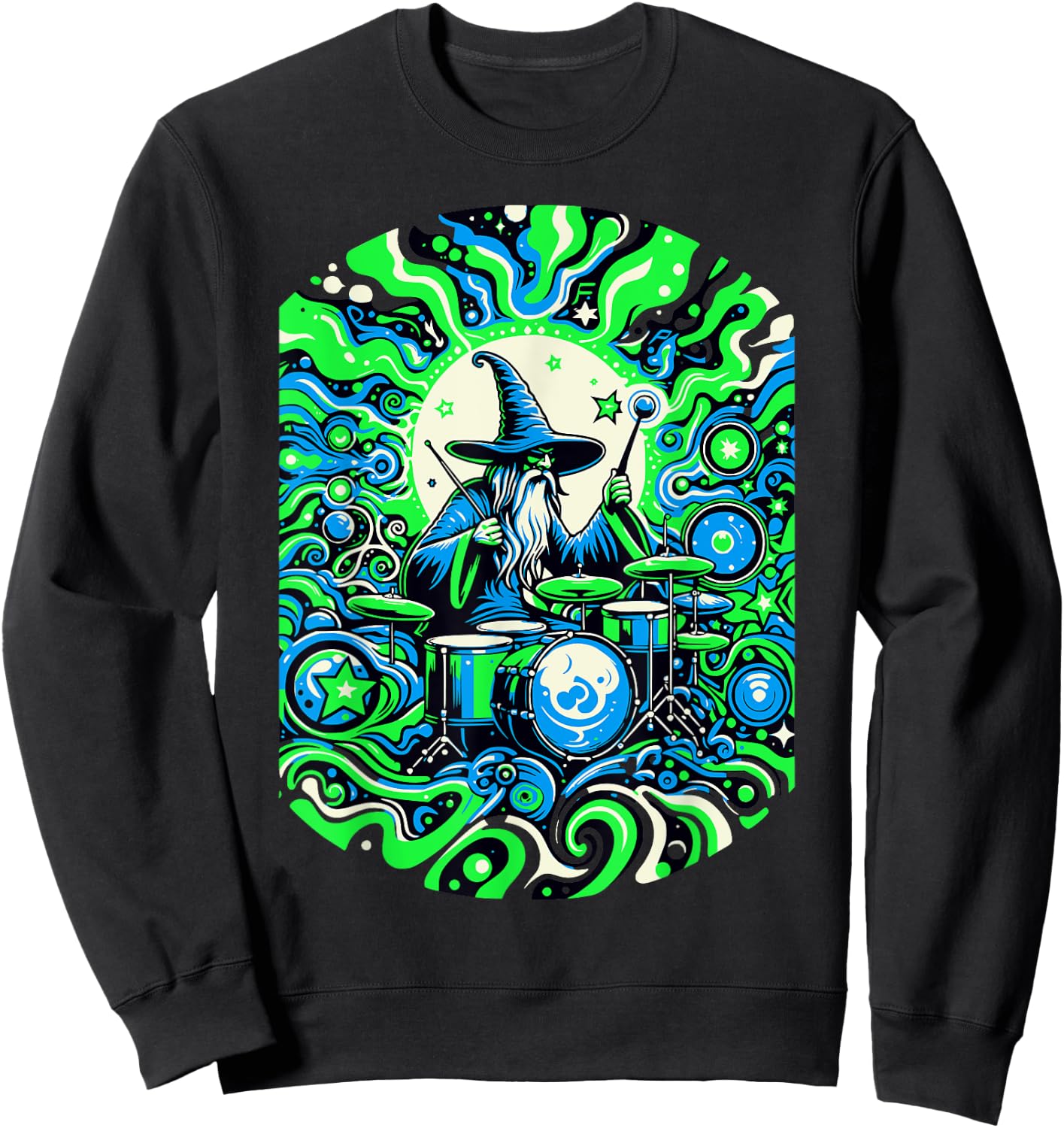 Psychedelic Trippy Rave Colourful Wizard on Drums Sweatshirt - Sweatshirt | Black