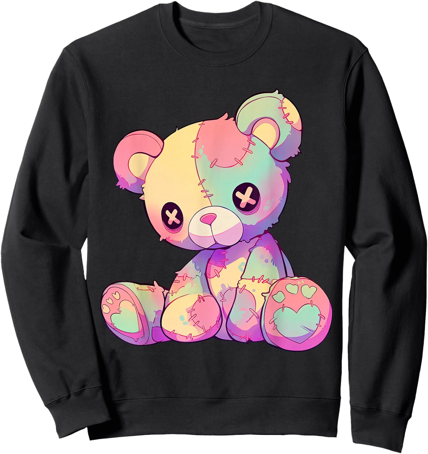 Kawaii Pastel Goth Creepy Cute Witchy Patchwork Teddy Bear Sweatshirt - Sweatshirt | Black