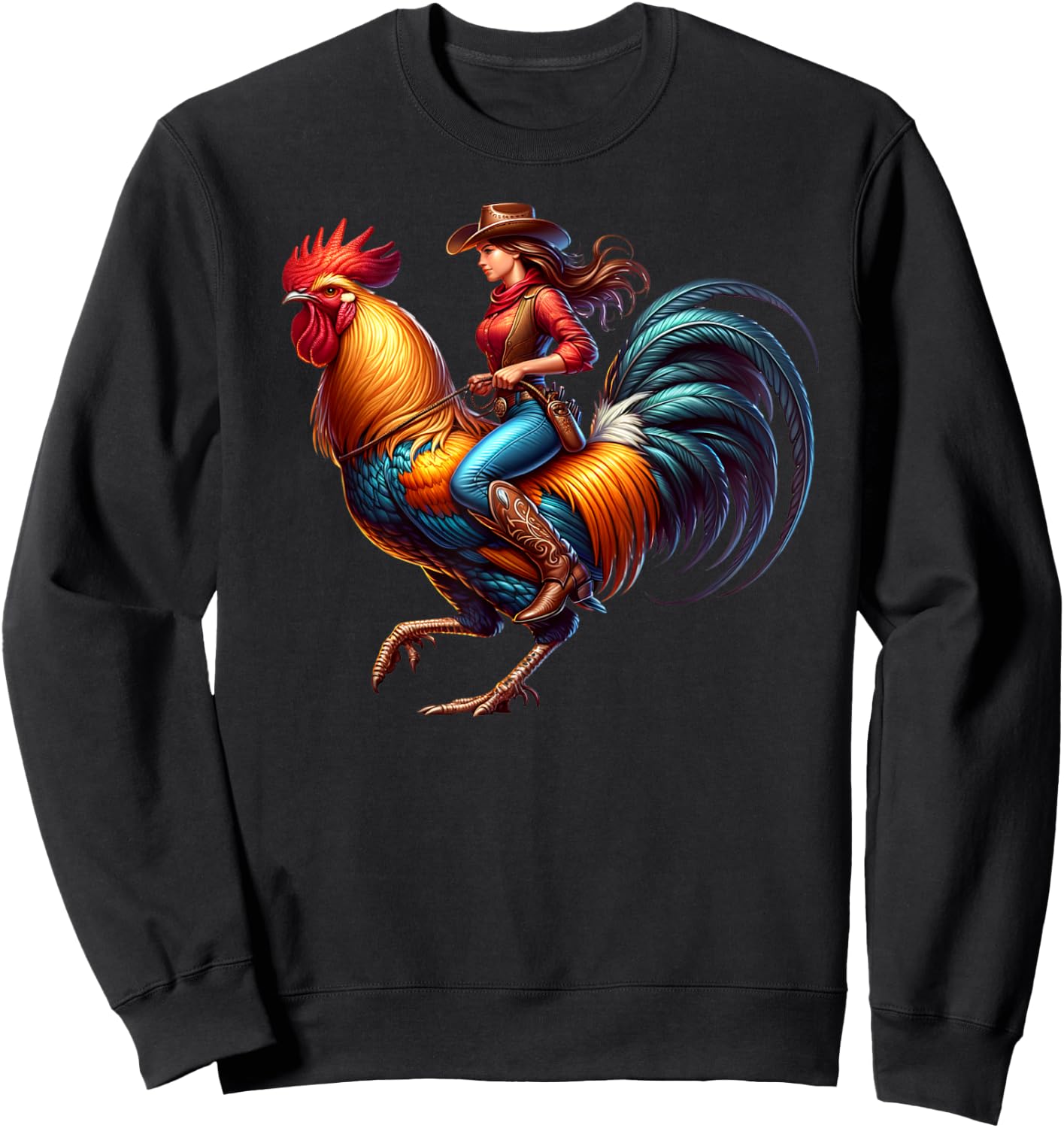 Funny Cowgirl Riding Rooster Country Life Western Girls Sweatshirt - Sweatshirt | Black