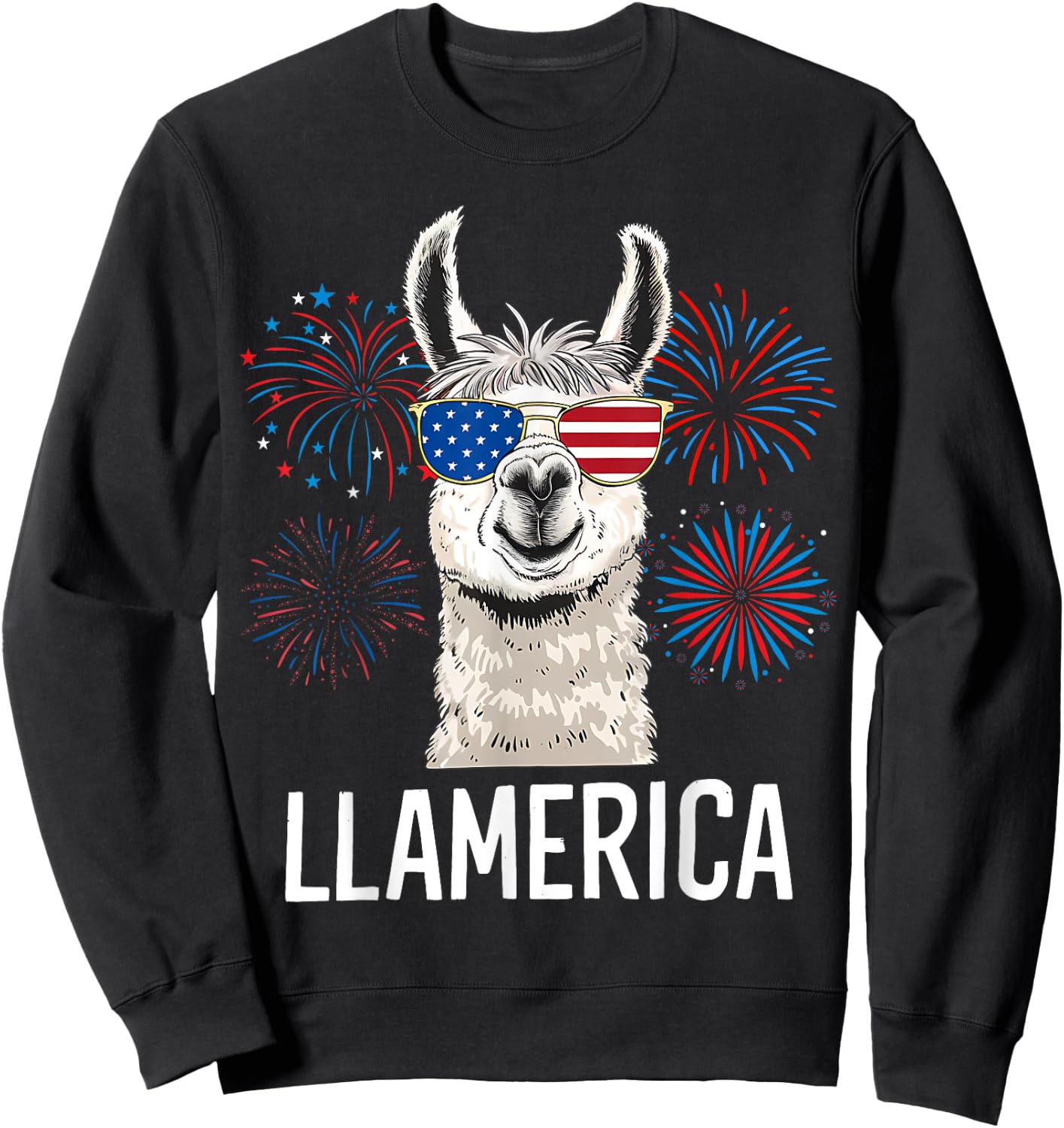 Funny Llamerica Fourth July American Flag Firework Graphic Sweatshirt - Sweatshirt | Black