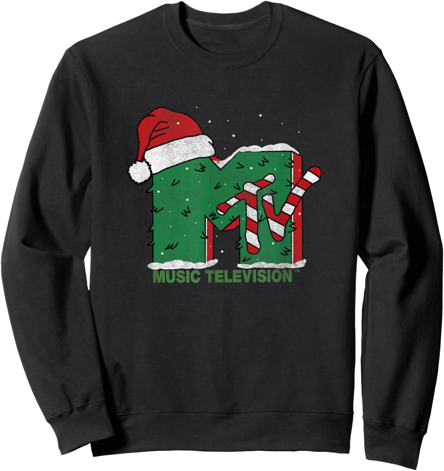 MTV Christmas Vintage Santa Claus & Christmas Tree Logo Sweatshirt - Sweatshirt | Black