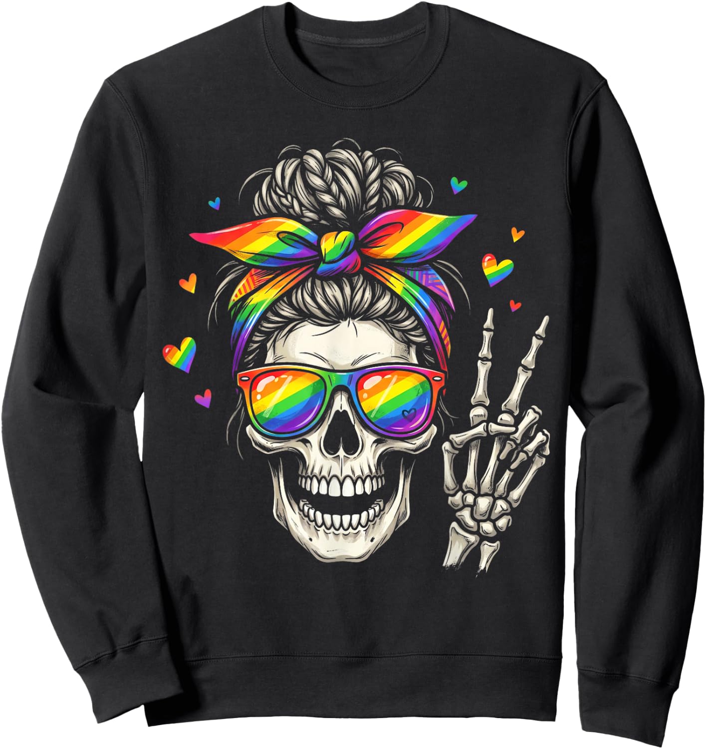Messy Bun Skull Rainbow Flag LGBT Gay Pride Women Girls Sweatshirt - Sweatshirt | Black