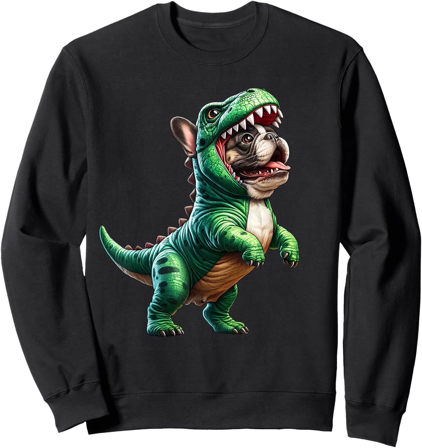 French Bulldog Wearing T-Rex Dinosaur Outfit Funny Dog Lover Sweatshirt - Sweatshirt | Black