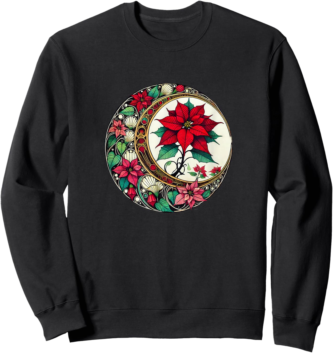 Poinsettia Lovers Snugg Christmas Poinsettias Art Nouveau Poinsettia -Adults Black Small Short Sleeve Sweatshirt - Sweatshirt | Black