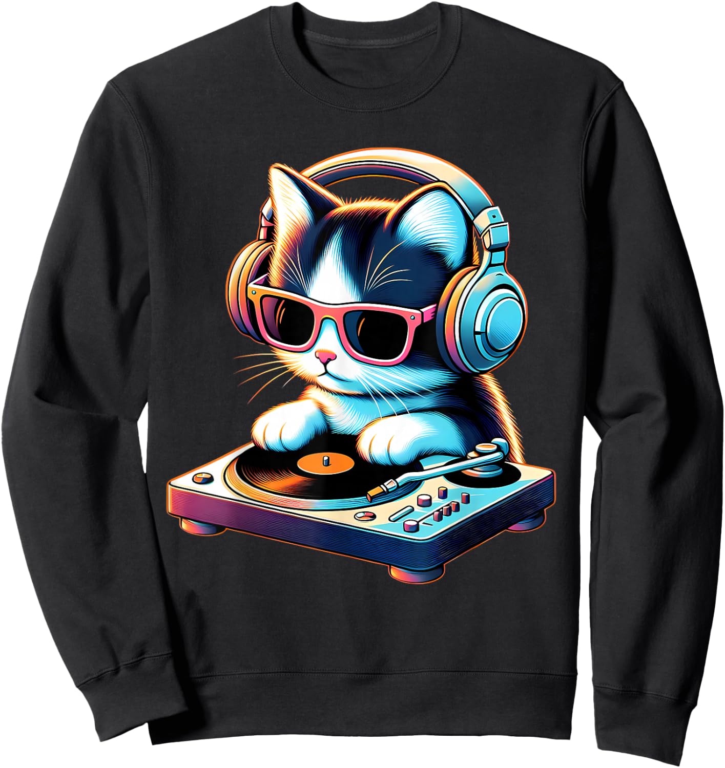 DJ Kitten Turntable Music Vibe Cat Cool Modern Playful Art Sweatshirt - Sweatshirt | Black