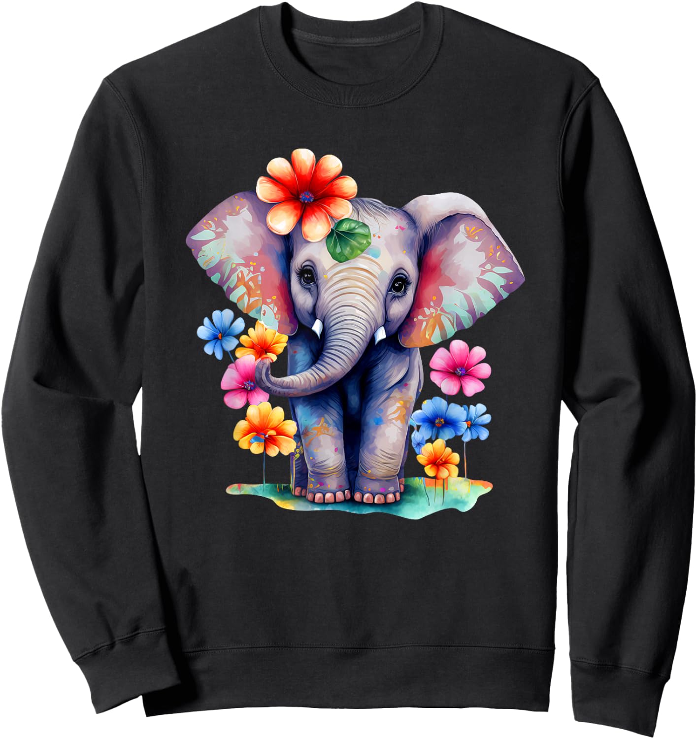 Baby Elephant With Flowers Design For Girls Women Kids Sweatshirt - Sweatshirt | Black