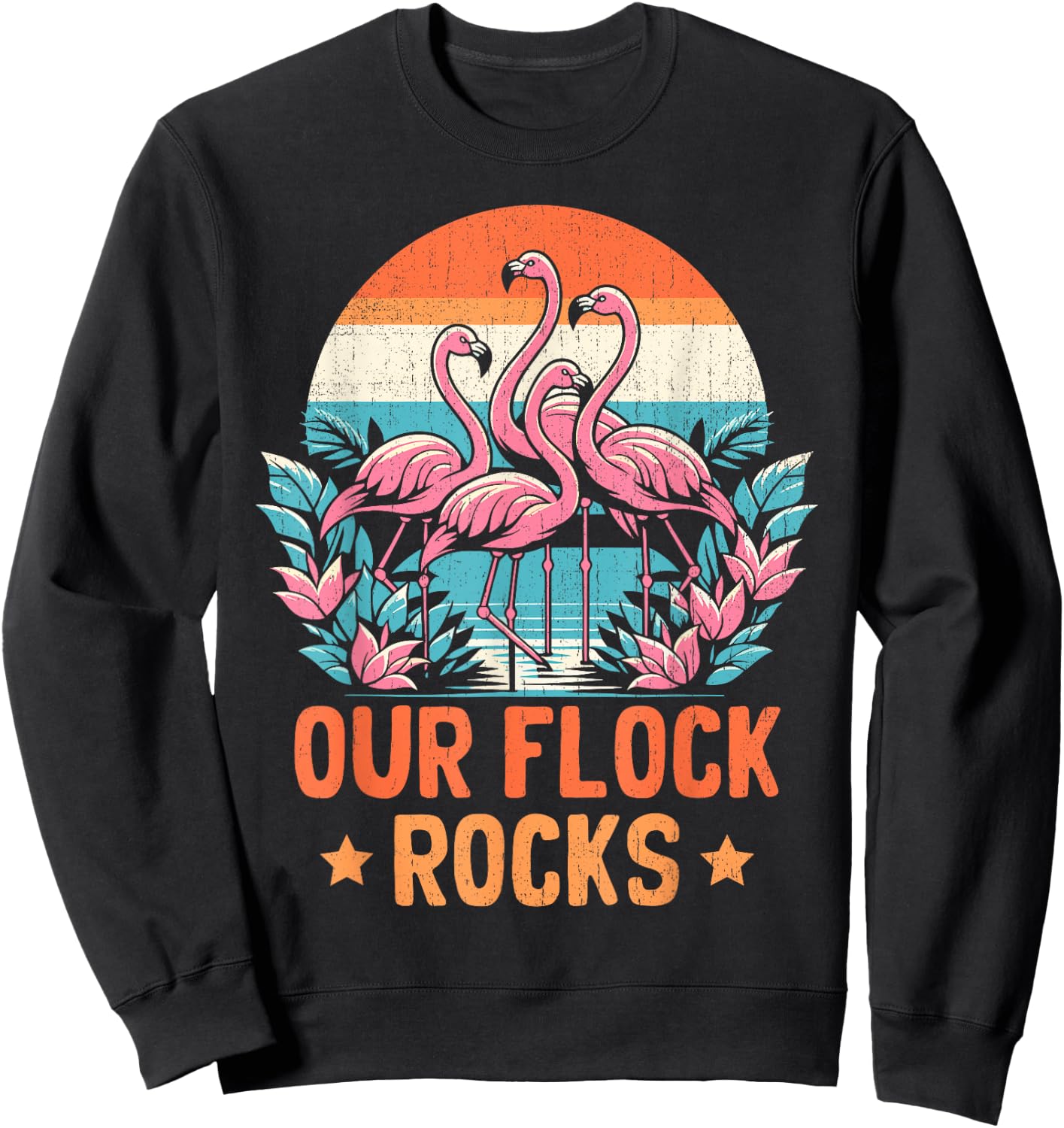 Our Flock Rocks Flamingos Lover Family Vacation Group Sweatshirt - Sweatshirt | Black