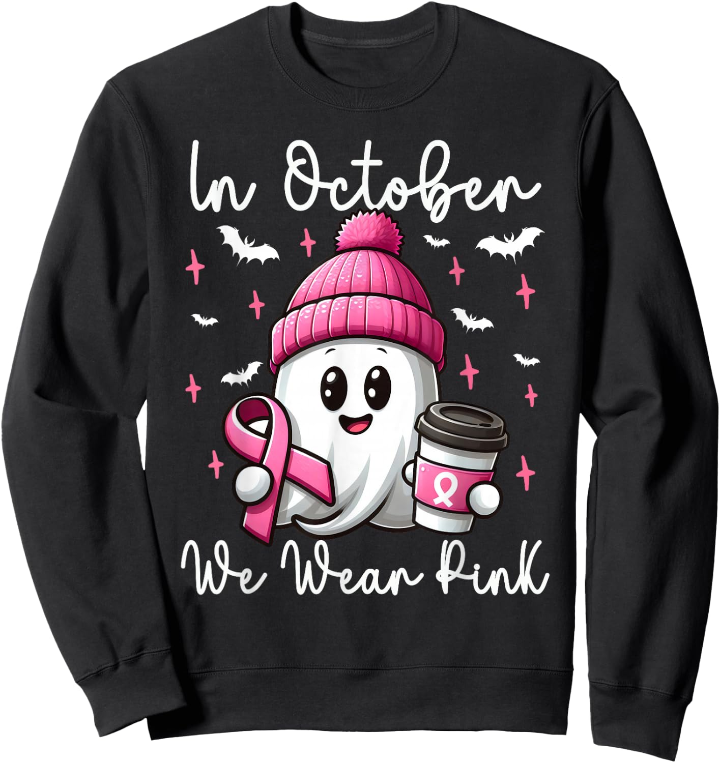In October We Wear Pink Halloween Ghost Coffee Breast cancer Sweatshirt - Sweatshirt | Black