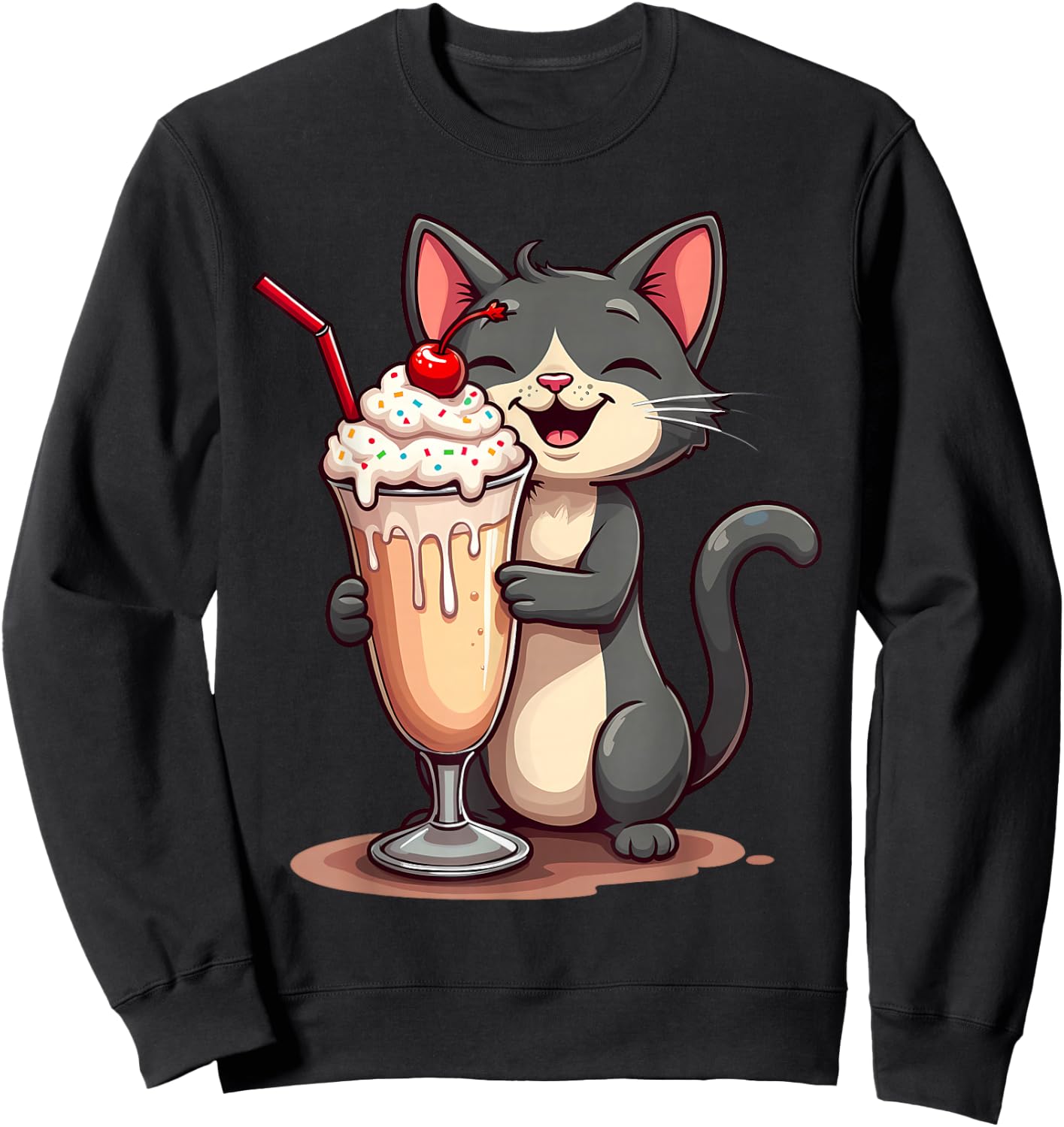 Kawaii Cat Shirt Milkshake Cute Kawaii Teen Kids Girls Women Sweatshirt - Sweatshirt | Black