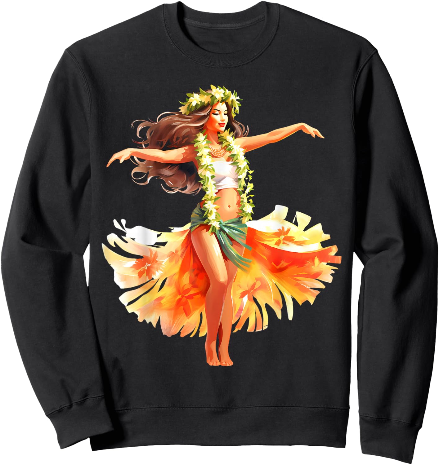 Hula Pin-Up Girl x Pretty Hawaiian Girl Watercolor Sweatshirt - Sweatshirt | Black