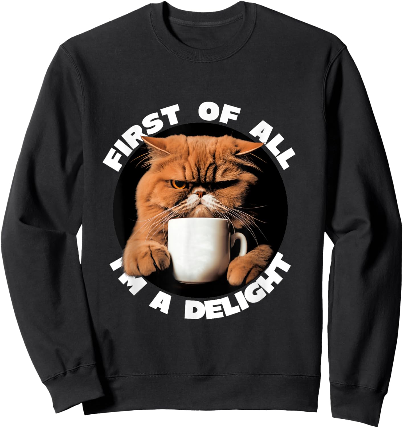 First Of All I'm A Delight Sarcastic Coffee Grumpy Funny Cat Sweatshirt - Sweatshirt | Black