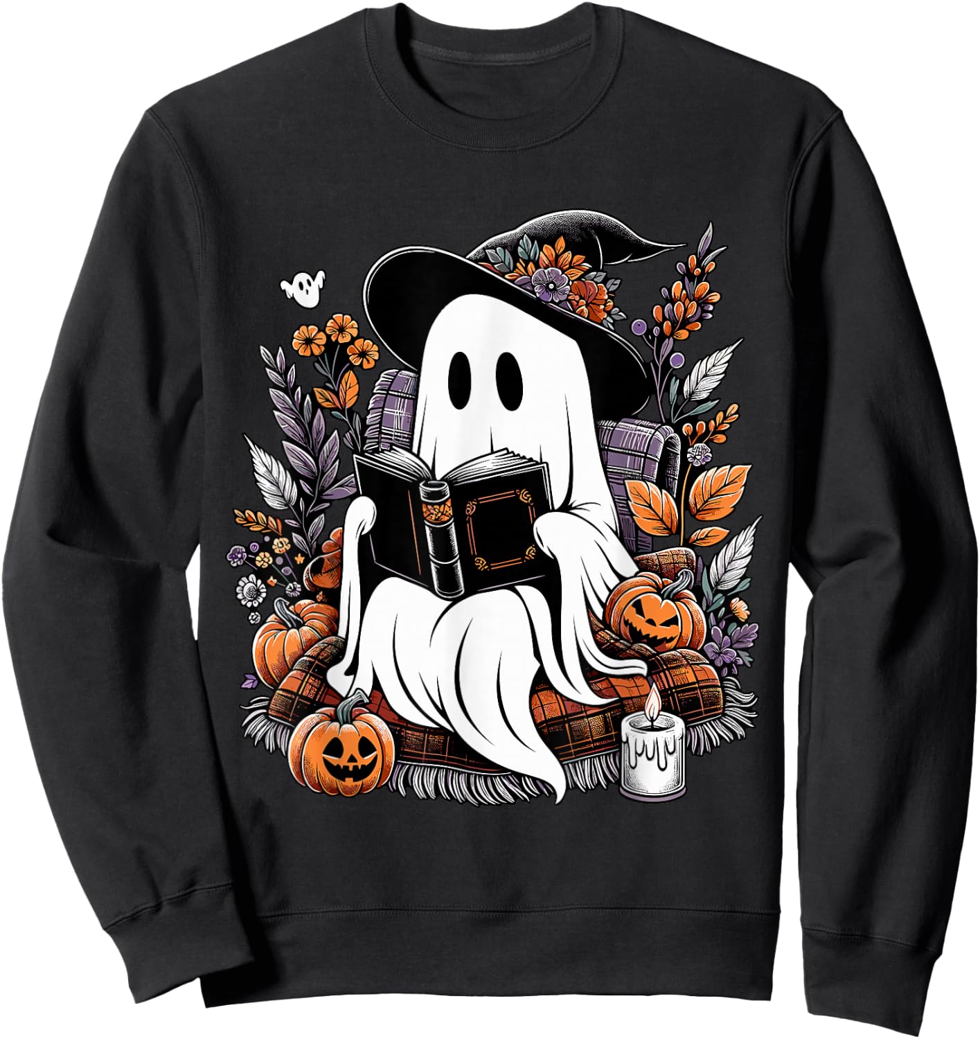 Ghost Reading Books Pumpkin Halloween Sweatshirt - Sweatshirt | Black