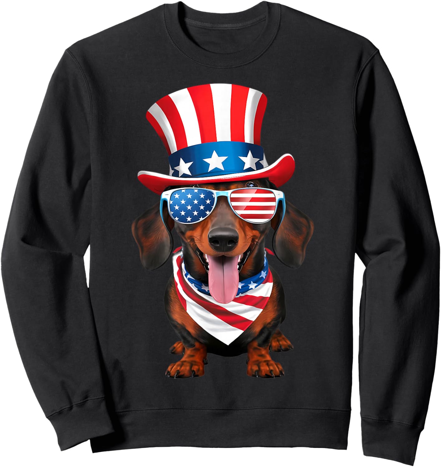 Dachshund Dog American Flag Glasses Hat 4th of July Sweatshirt - Sweatshirt | Black