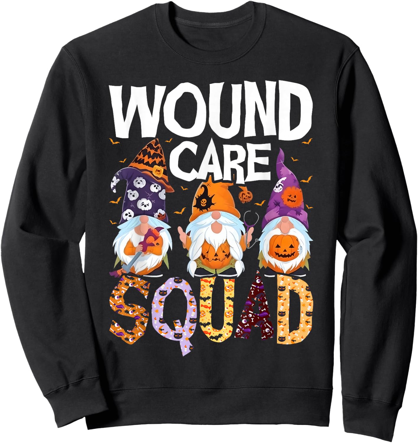 Wound Care Squad Gnome Nurse Halloween Scrubs Stethoscope Sweatshirt - Sweatshirt | Black