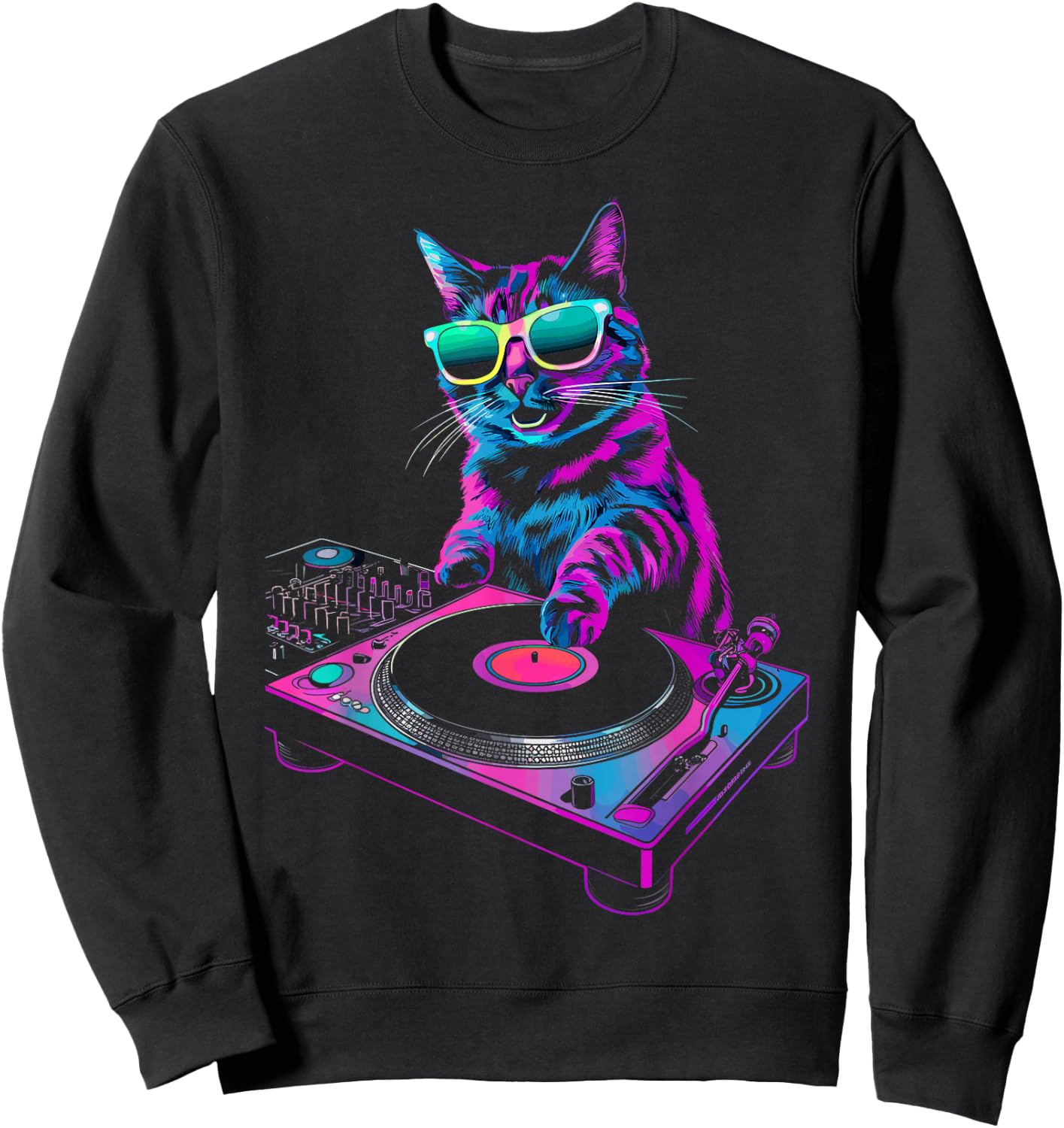House DJ Cat Rainbow DJ Cat Kitty on Turntable Disco DJ Cat , Small, Black Sweatshirt - Sweatshirt | Black