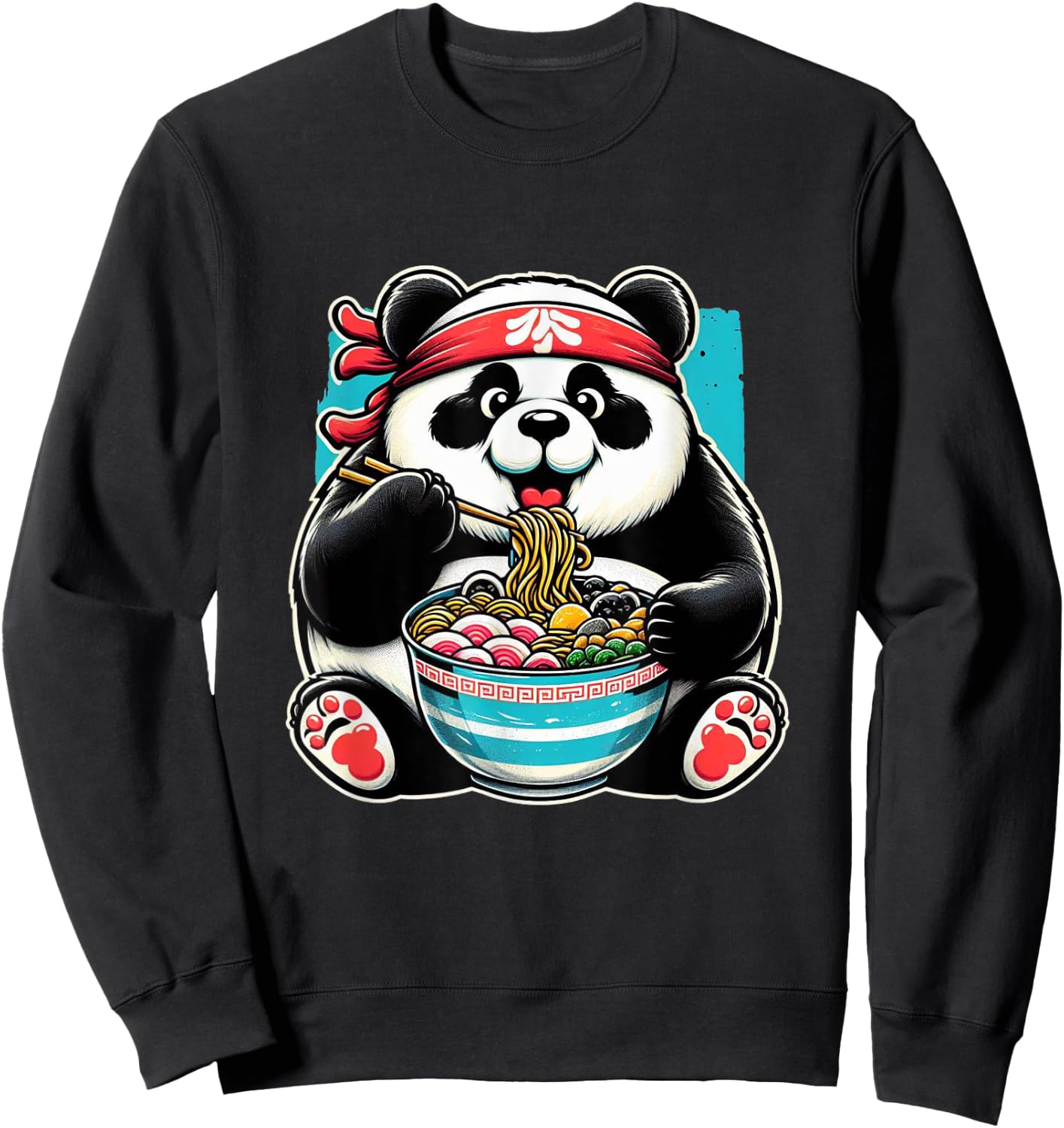 Kawaii Artwork Co Japanese Fat Panda Ramen Kawaii Neko Japanese Noodles Aesthetic Anime Panda Graphic Design -Teens & Young Adults - Black - Small - Short Sleeve Sweatshirt - Sweatshirt | Black