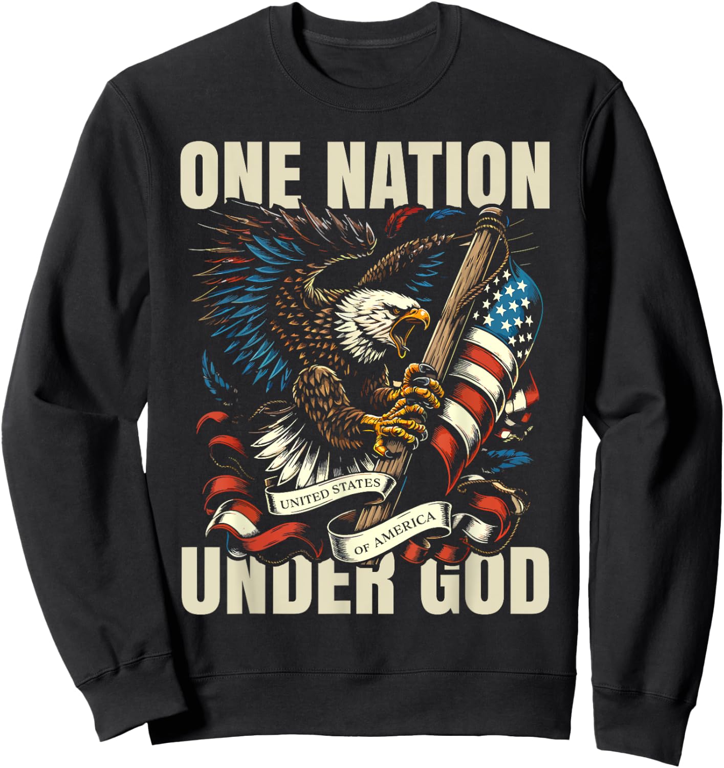 One Nation Under God Patriotic Eagle USA Flag Design Sweatshirt - Sweatshirt | Black